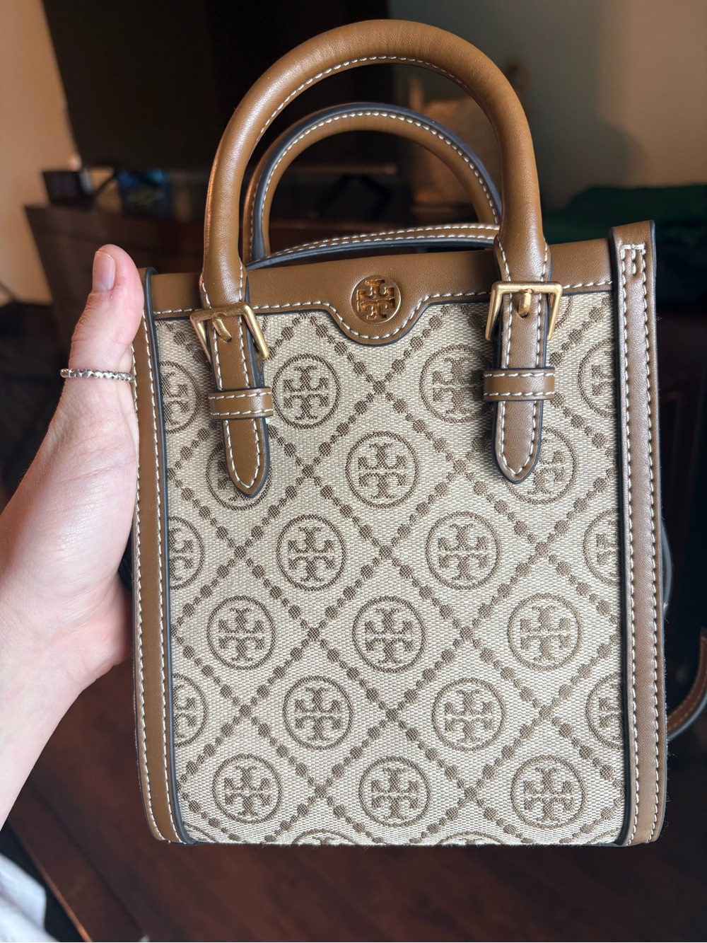 Tory Burch Beige and Brown Mini Logo Jacquard Tote - Picture 1 of 8